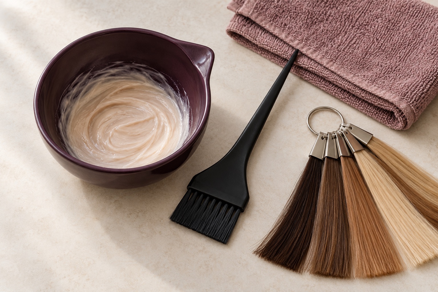 Illustrative hair-color preparation tools: mixing bowl, tint brush, towel and color swatches